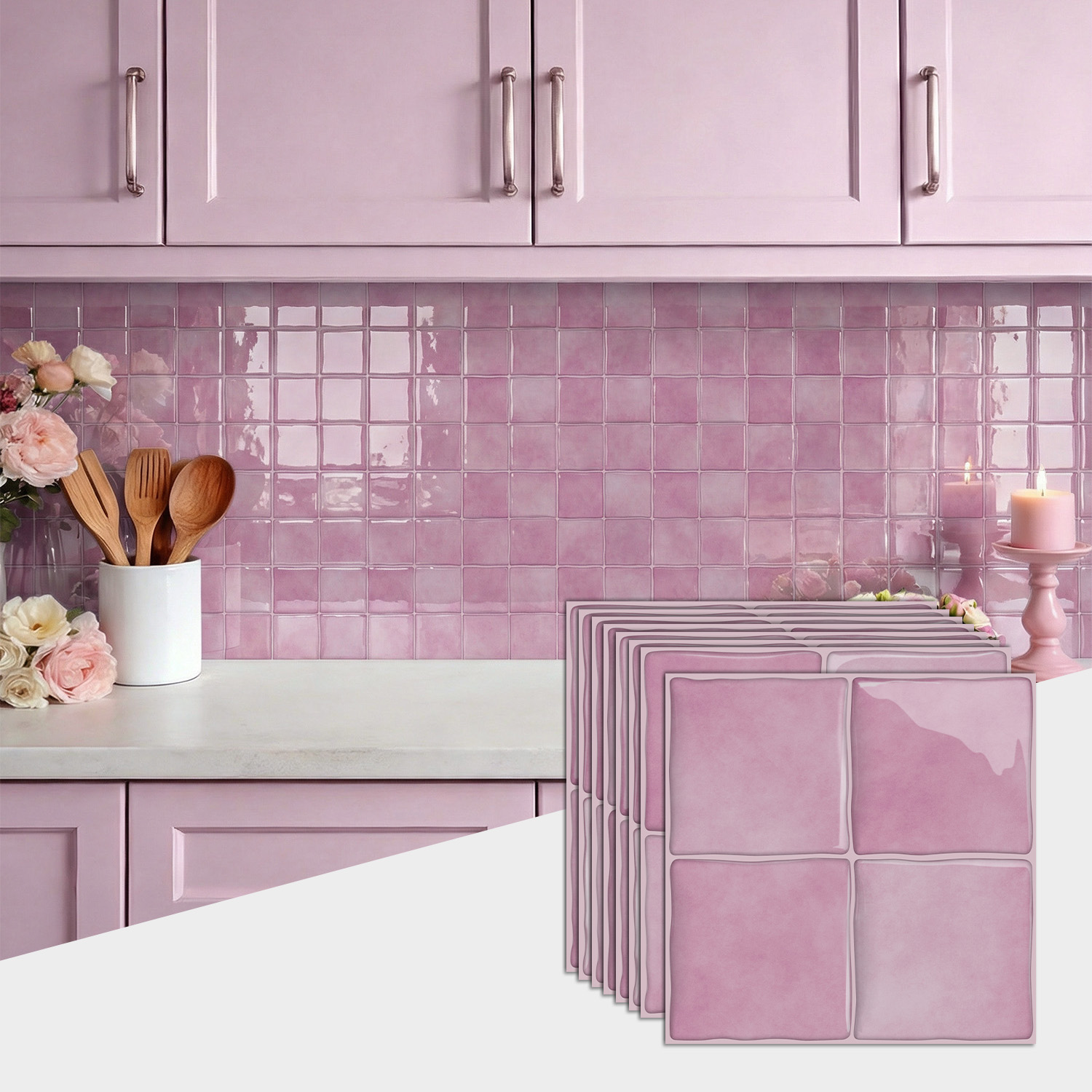 Commercial Kitchen Wall - 3D Epoxy Roze Tegel Wandstickers (15x15cm)